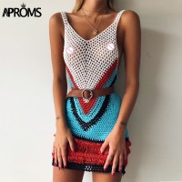Aproms Bohemian Multi Color-Blocked Women Short Dress Casual Summer Sexy Vneck Sleeveless Tank Dresses Beachwear Sundresses 2020